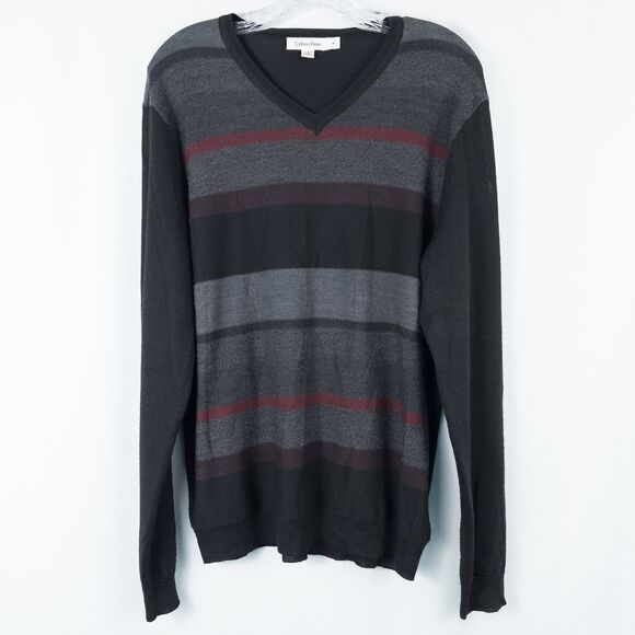 Calvin Klein Merino Wool Acrylic Striped V Neck Sweater Mens Medium Black Multi - Picture 1 of 15